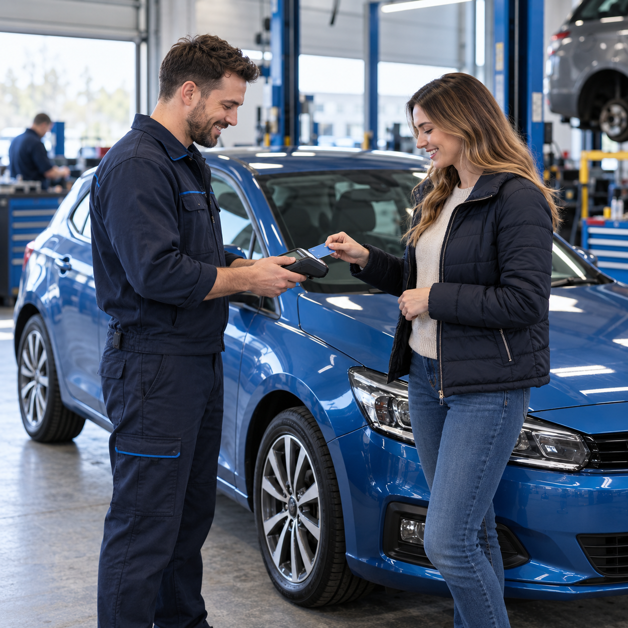 A customer making a card payment with a mechanic beside a blue car in a workshop